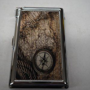 Old World Map & Compass Cigarette Case With Built In Butane Lighter